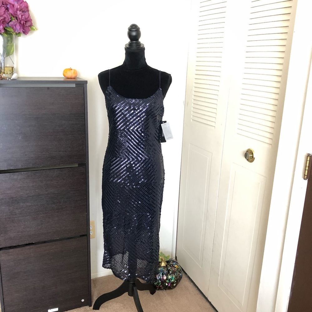 NWT Bebe Chevron Flirting Sequins Dress In Dark Navy Color- Cocktail